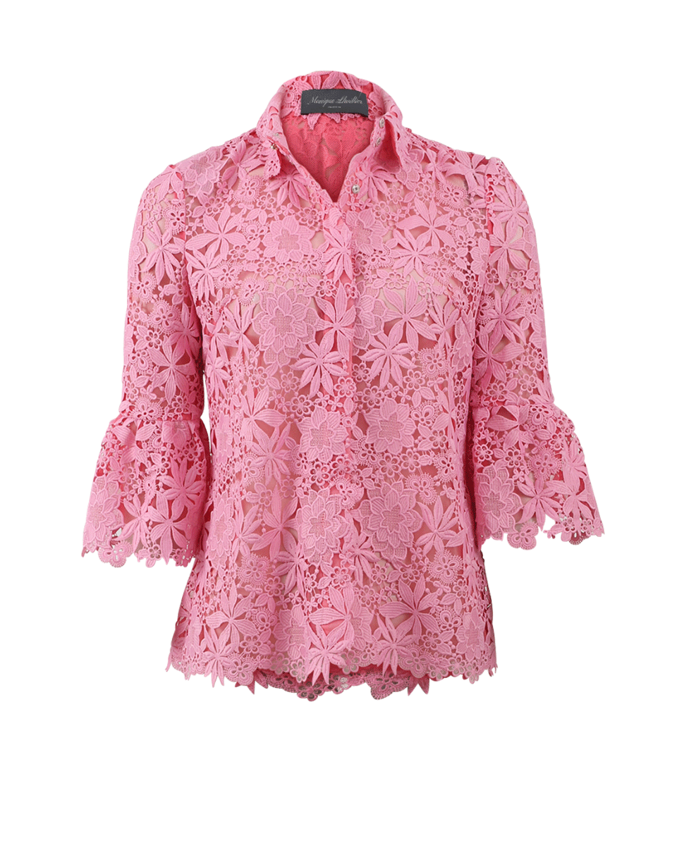 MONIQUE LHUILLIER-Lace Ruffle Cuff Blouse-ROSE