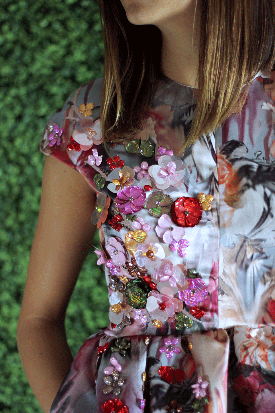 MSGM-Floral Printed Techno Duchesse Dress-PINK/MLT