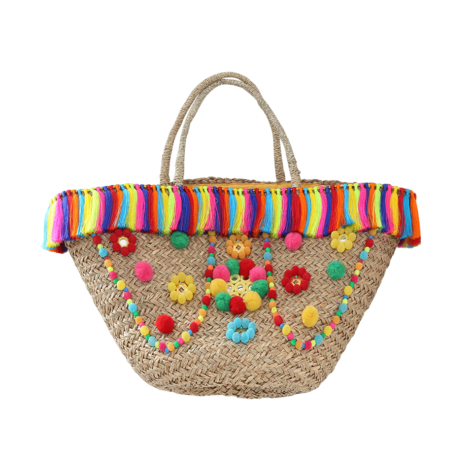 MYSTIQUE-Key West Pom Pom Straw Basket-MULTI