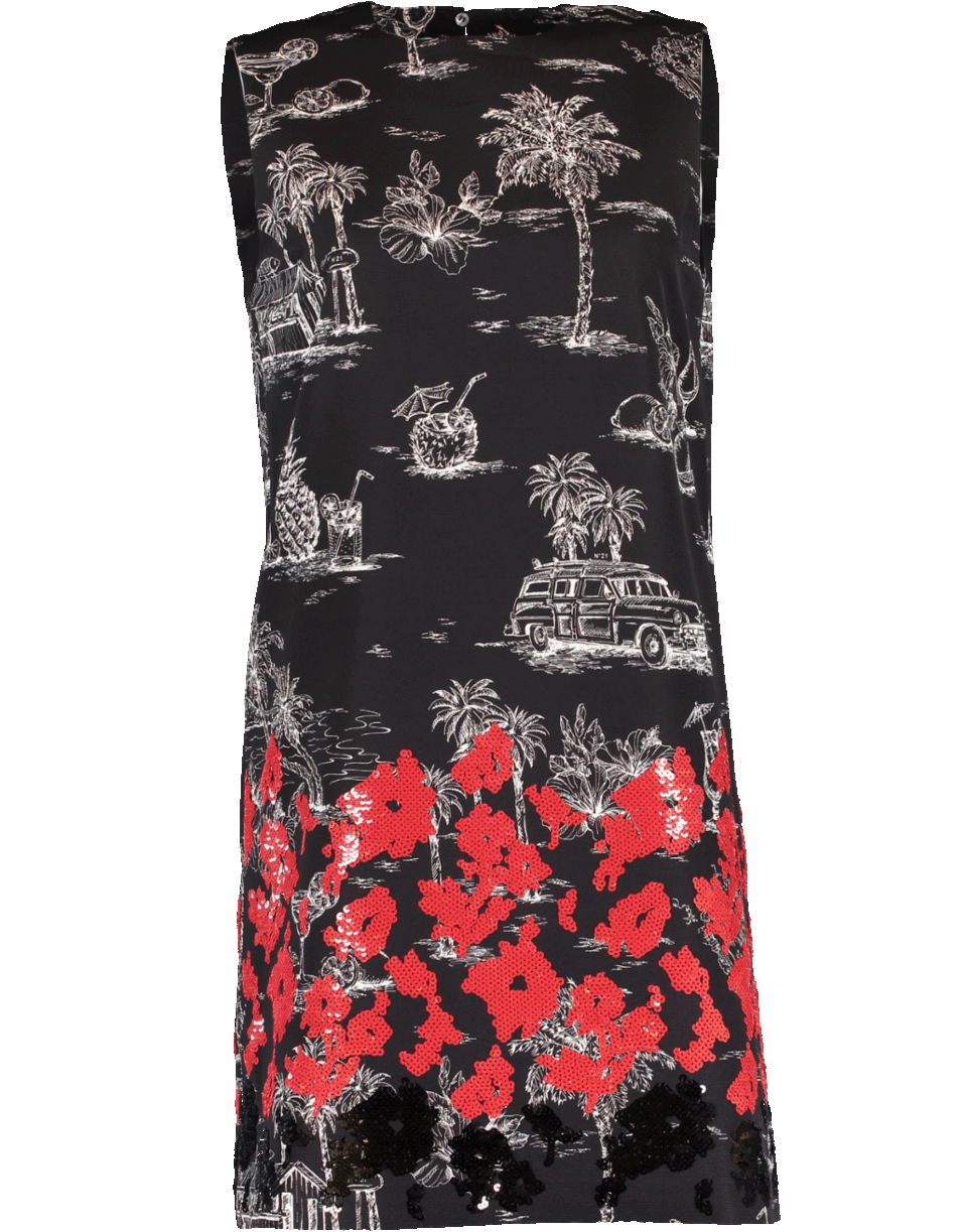 N0.21-Red Beaded Bottom Print Shift Dress-