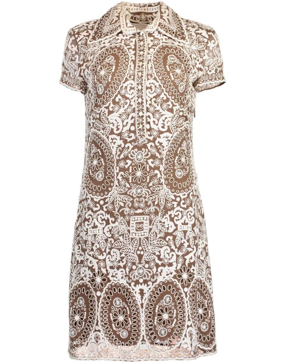 NAEEM KHAN-Silk Embroidered Eyelet Polo Dress-BROWN