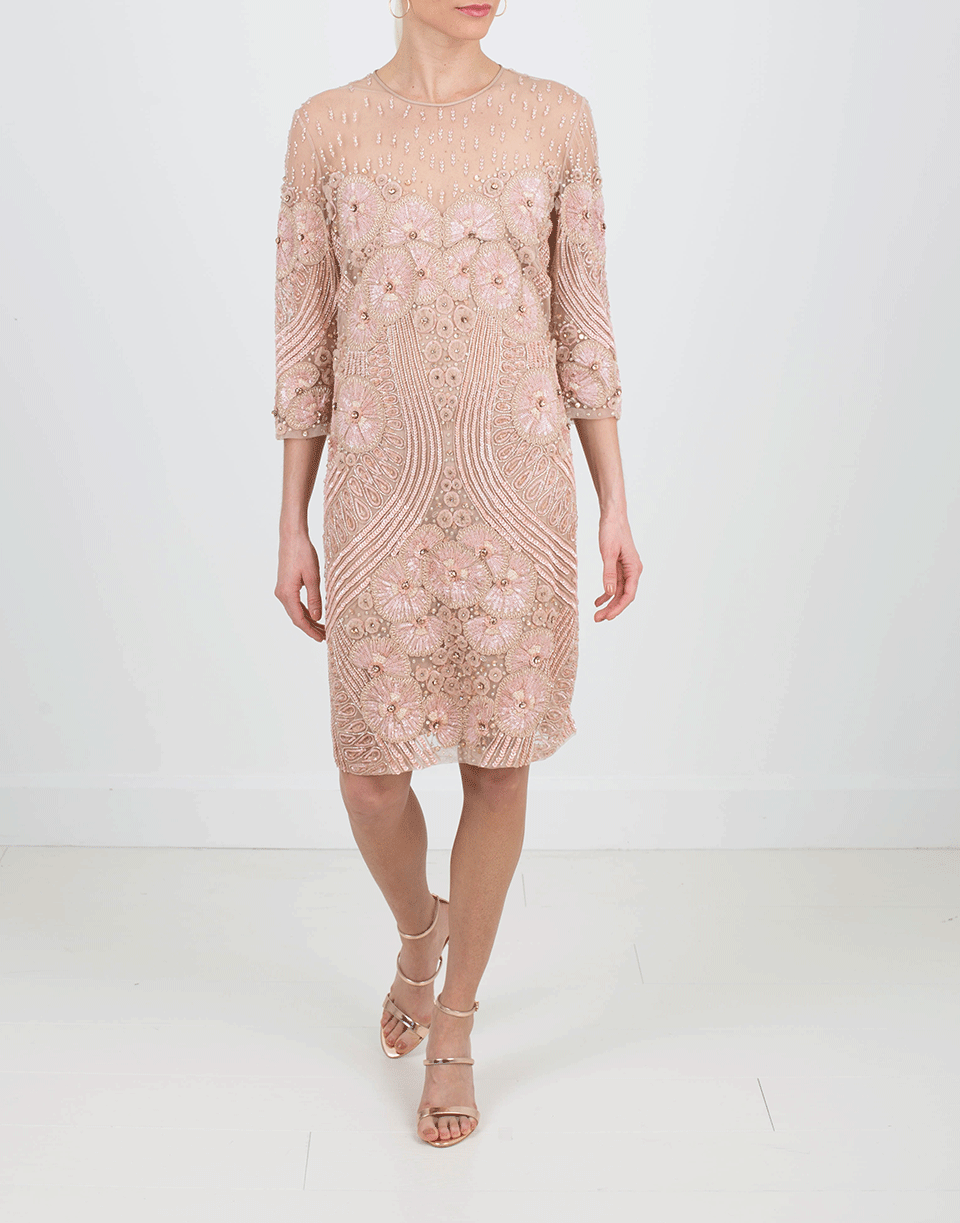 NAEEM KHAN-Beaded Crew Neck Dress-NUDE