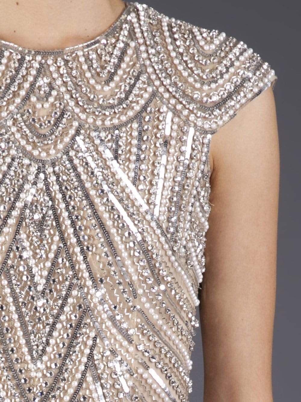NAEEM KHAN-Crystal Deco Beaded Fringe Dress-NUDE
