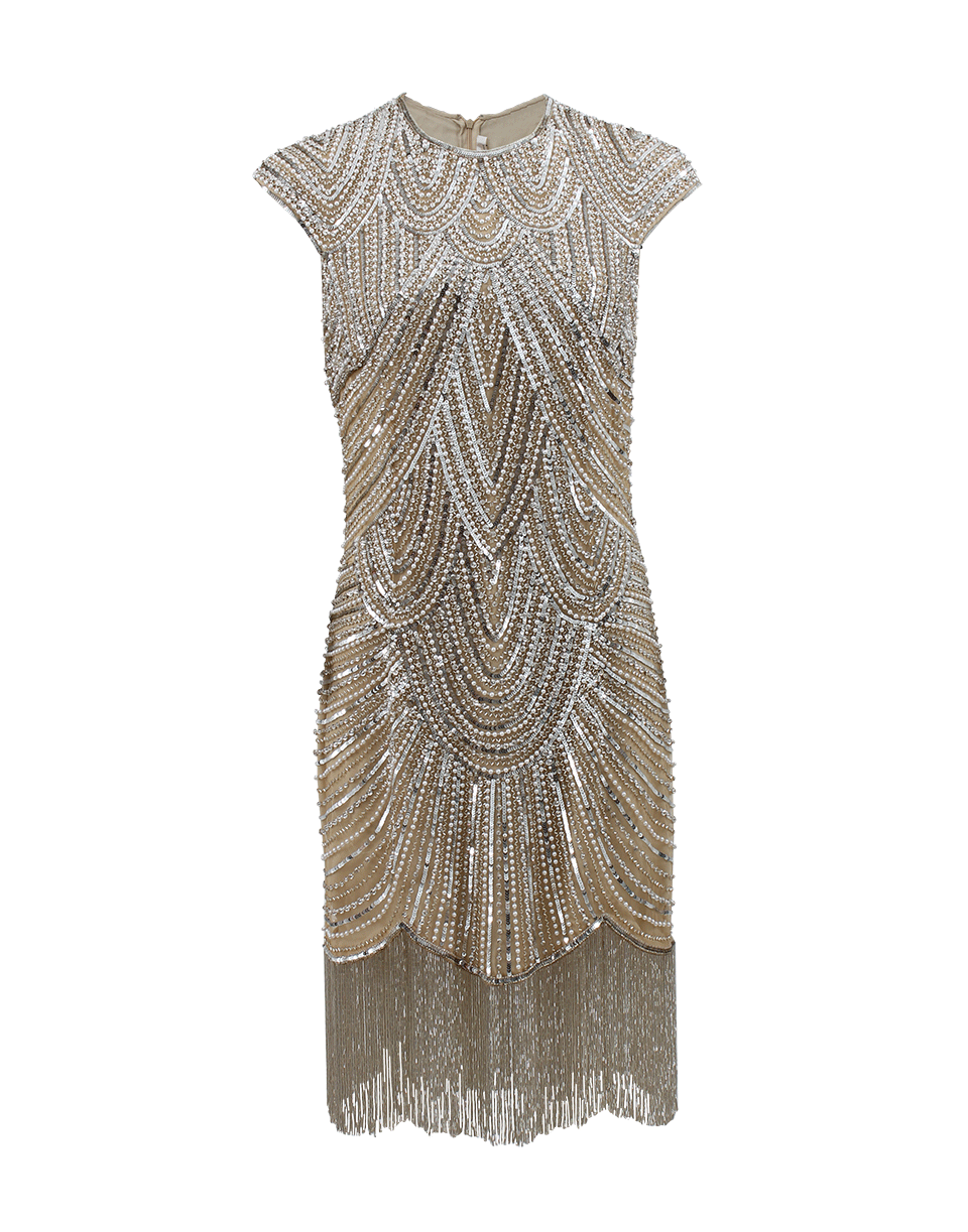 NAEEM KHAN-Crystal Deco Beaded Fringe Dress-NUDE