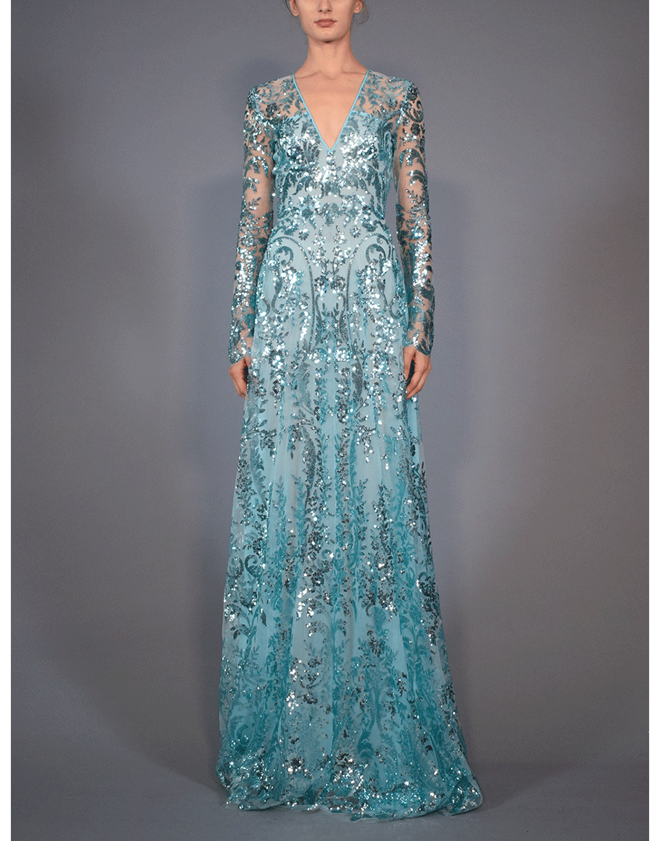 NAEEM KHAN-Aqua Long Sleeve Paillette Embroidered Gown-AQUA