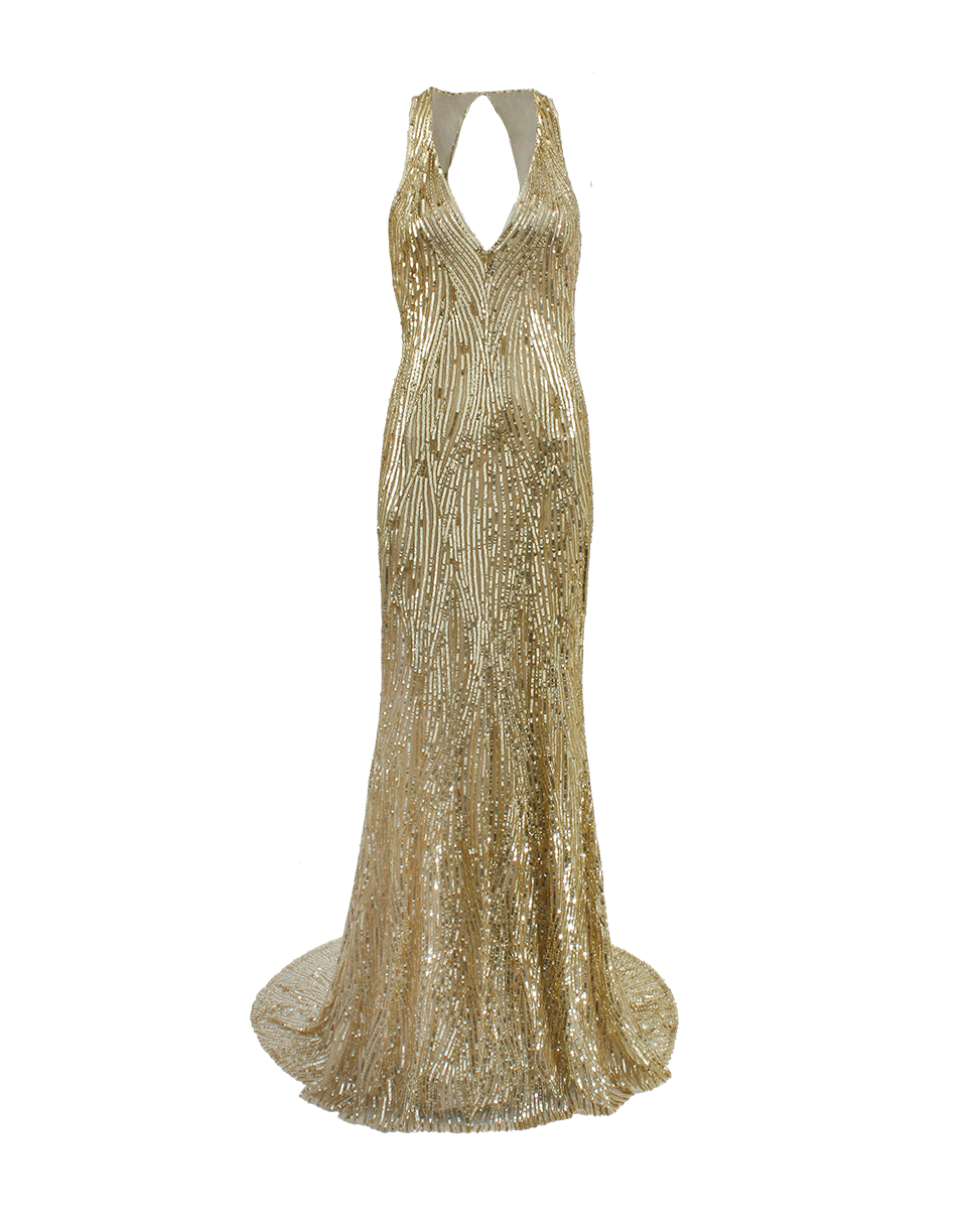 NAEEM KHAN-Sleeveless Long Sequin Gown-GOLD