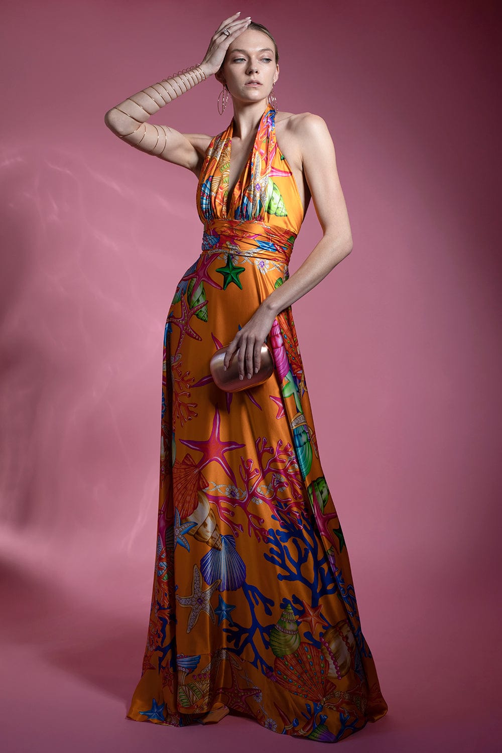 NAEEM KHAN-Amalfi Sea Print Halter Gown-