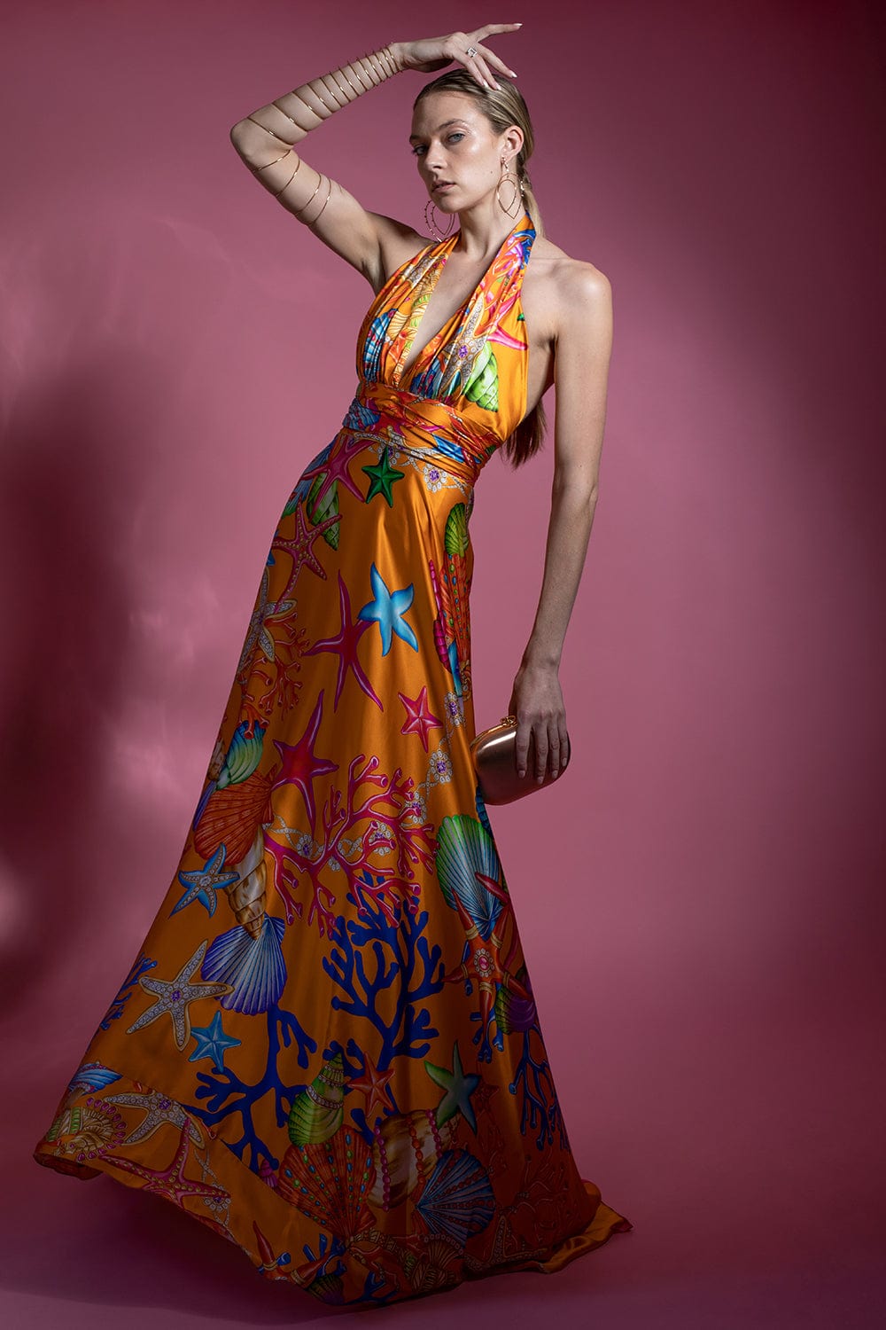 NAEEM KHAN-Amalfi Sea Print Halter Gown-