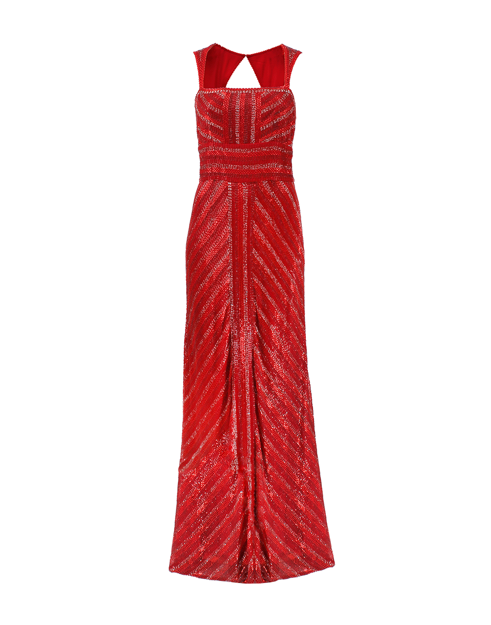 NAEEM KHAN-Chevron Deco Bead Gown-RED