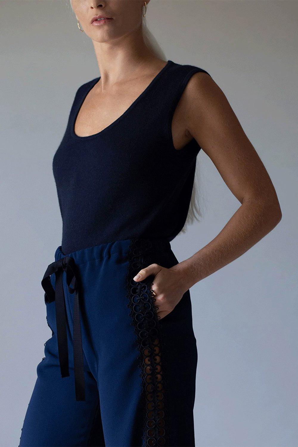 NAEEM KHAN-Drawstring Crepe Pant with Lace Sides-