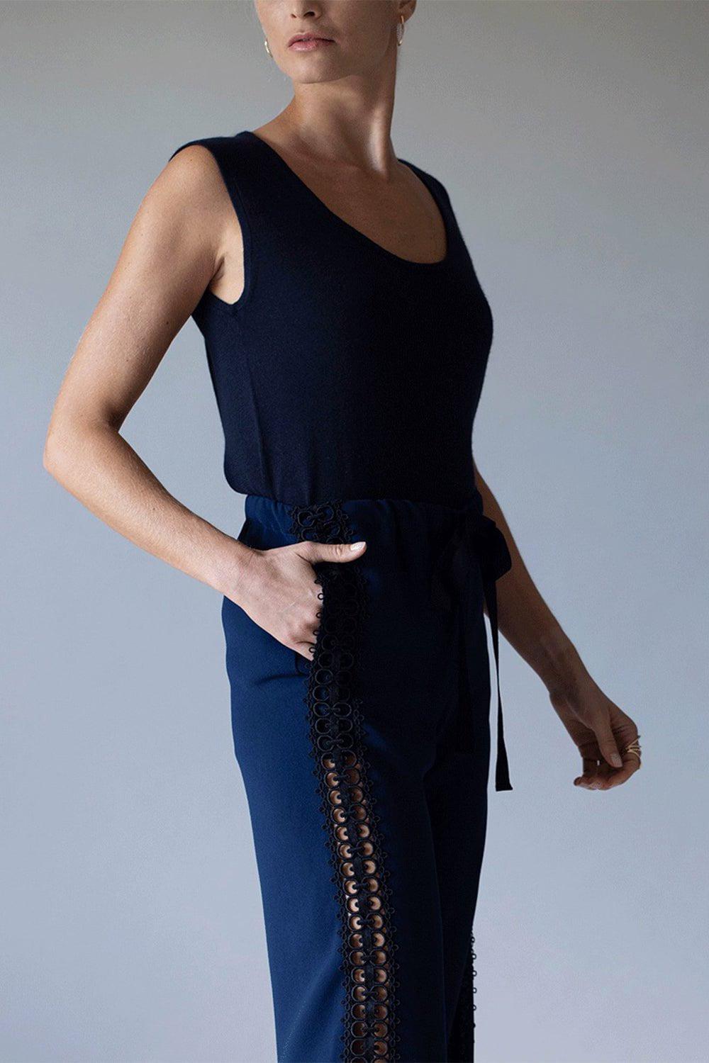 NAEEM KHAN-Drawstring Crepe Pant with Lace Sides-