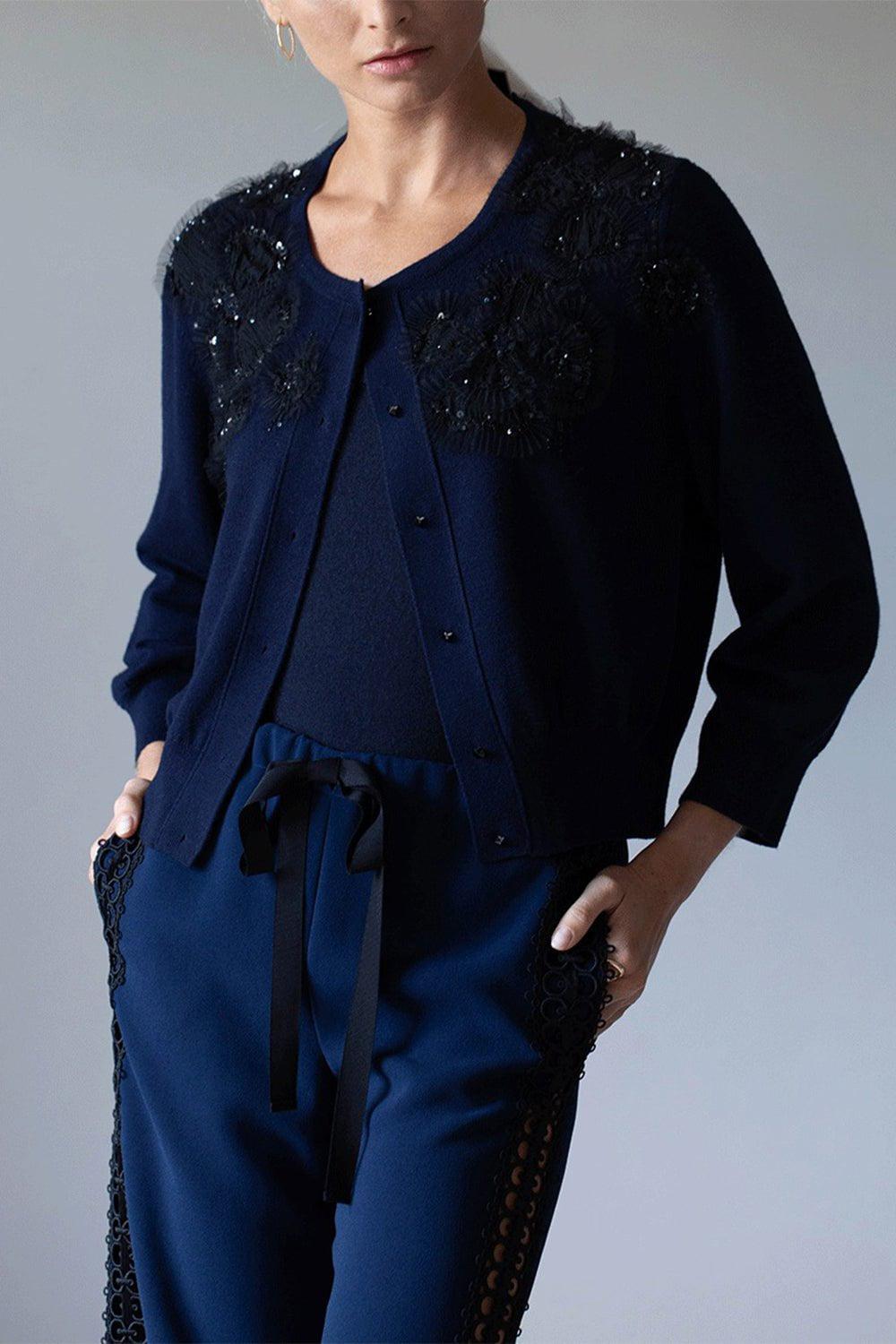 NAEEM KHAN-Drawstring Crepe Pant with Lace Sides-