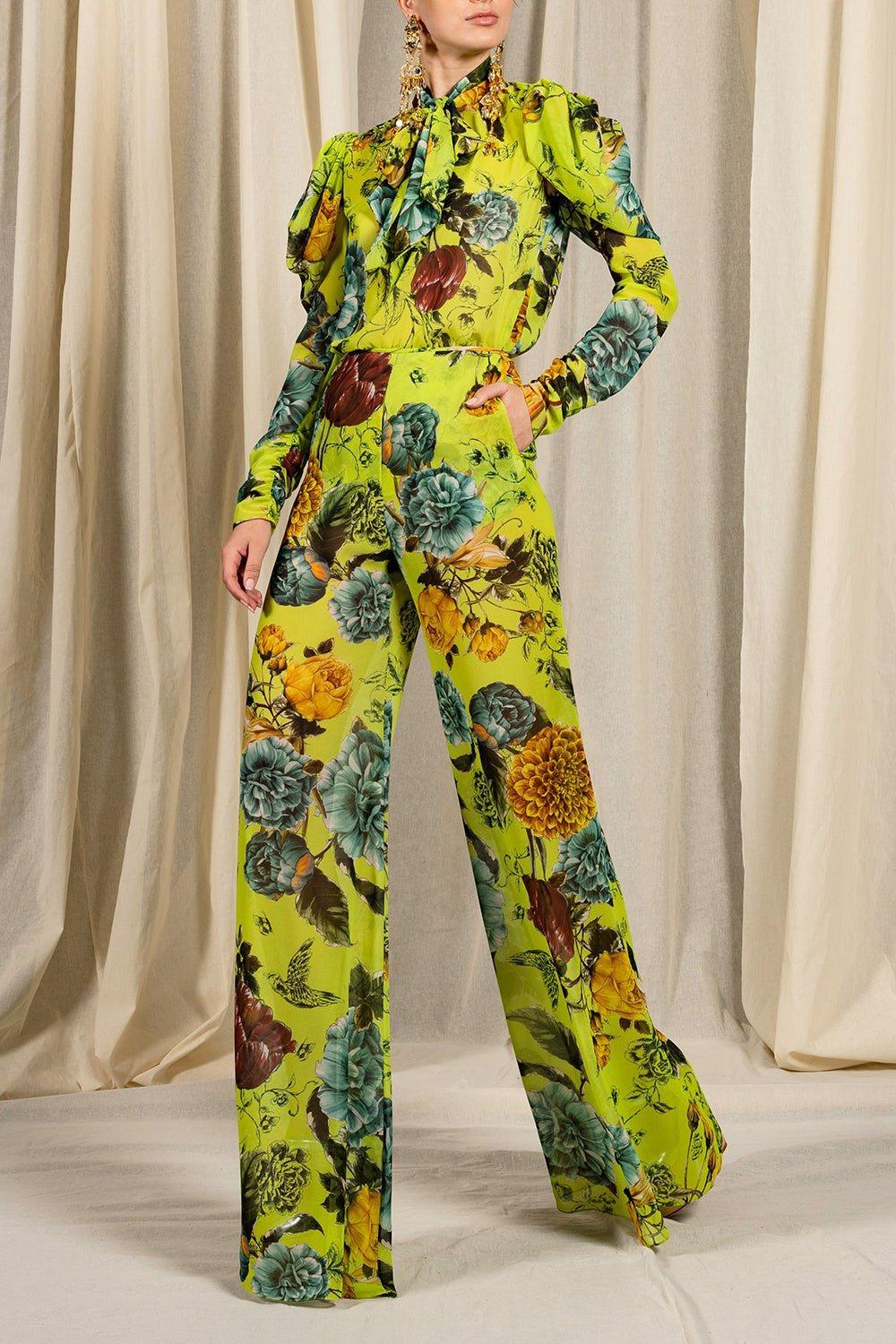 NAEEM KHAN-Tie Neck Floral Blouse-GRN/MULT