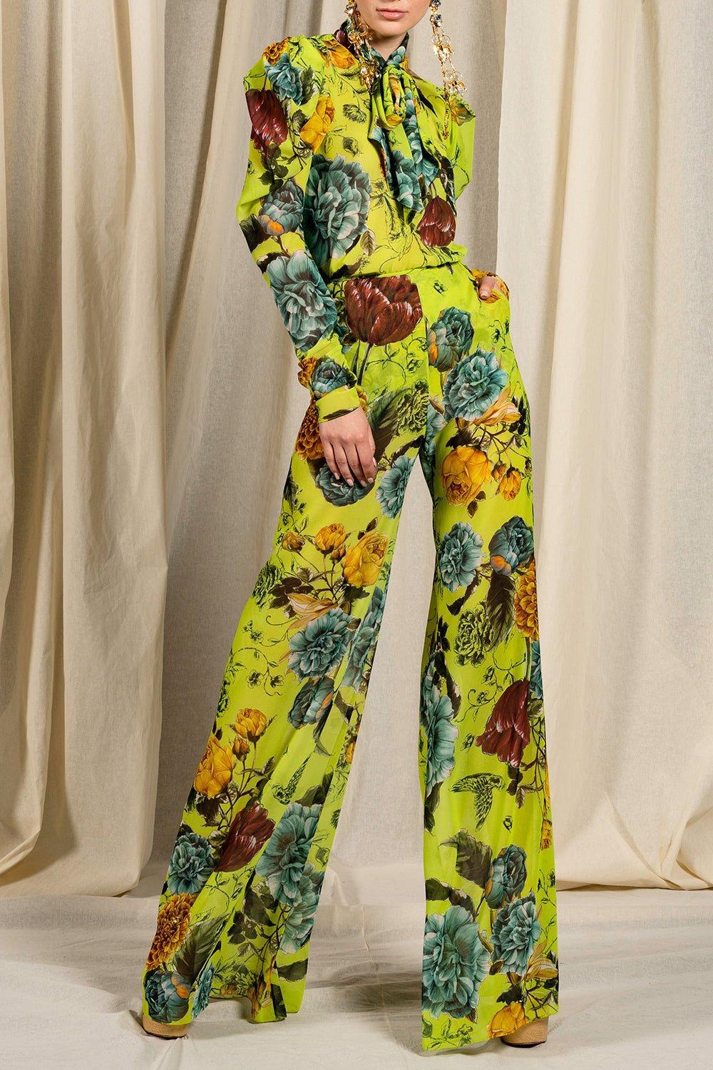 NAEEM KHAN-Tie Neck Floral Blouse-GRN/MULT