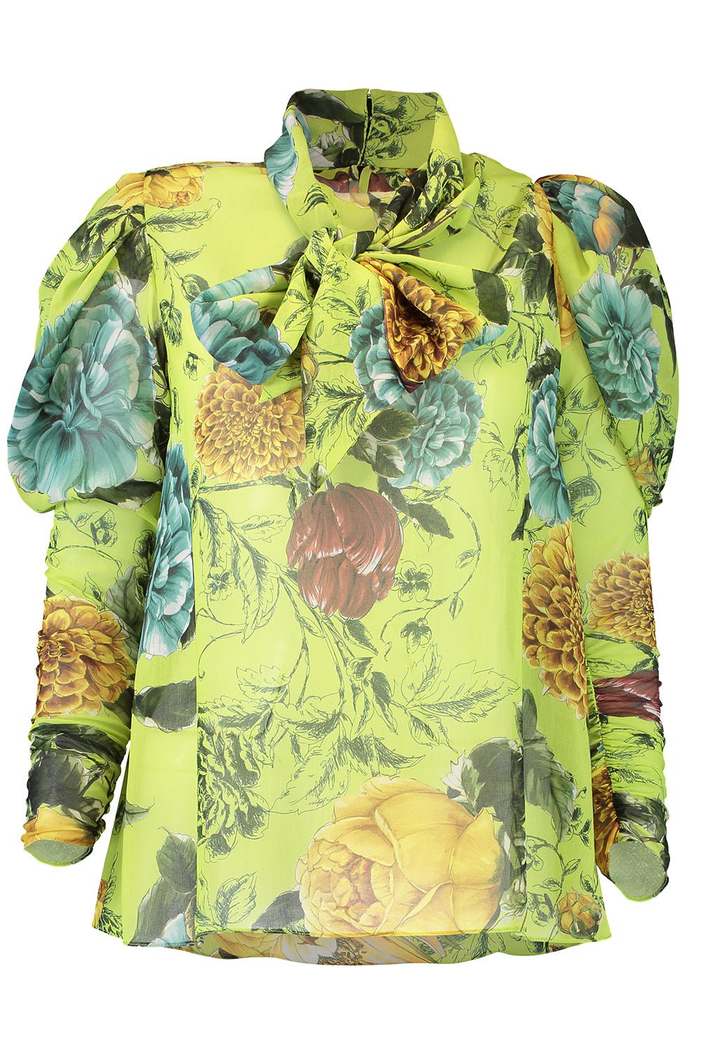 NAEEM KHAN-Tie Neck Floral Blouse-GRN/MULT