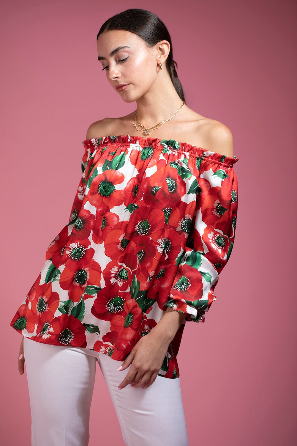 NAEEM KHAN-Poppy Print Three Quarter Sleeve Top-