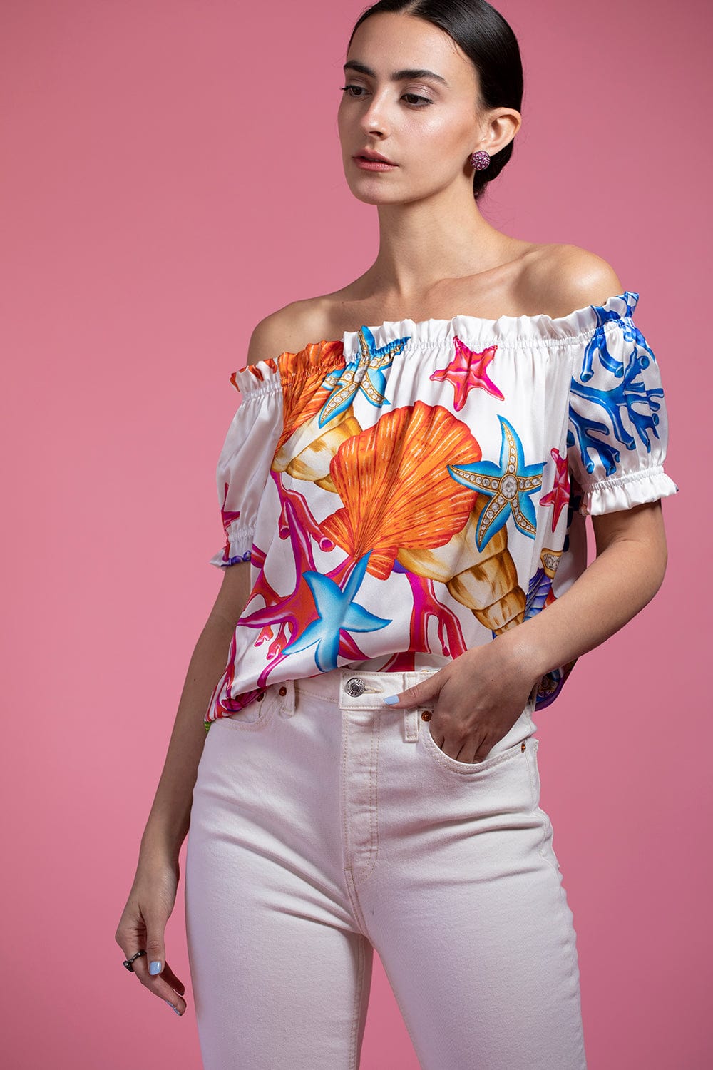 NAEEM KHAN-Amalfi Sea Print Short Sleeve Top-
