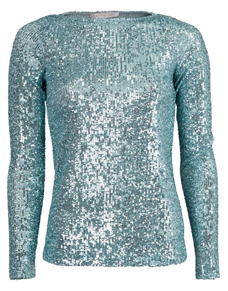NAEEM KHAN-Bateau Neck Sequin Knit Top-AQUA