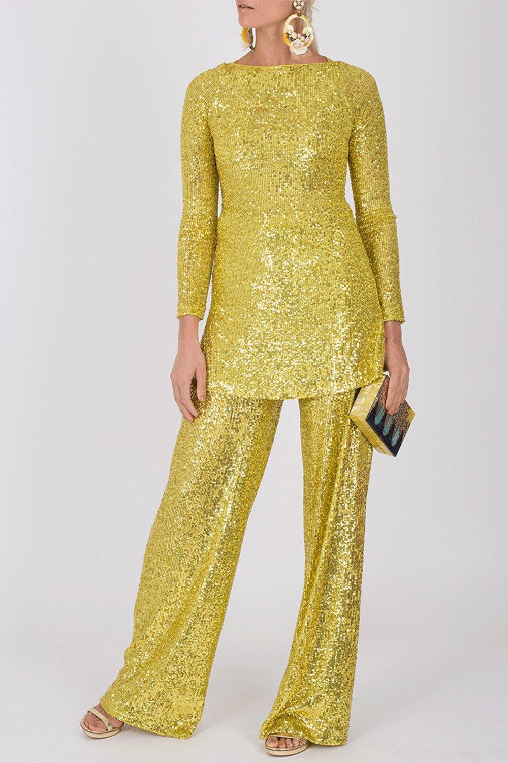 NAEEM KHAN-Lime Bateau Neck Sequin Knit Top-