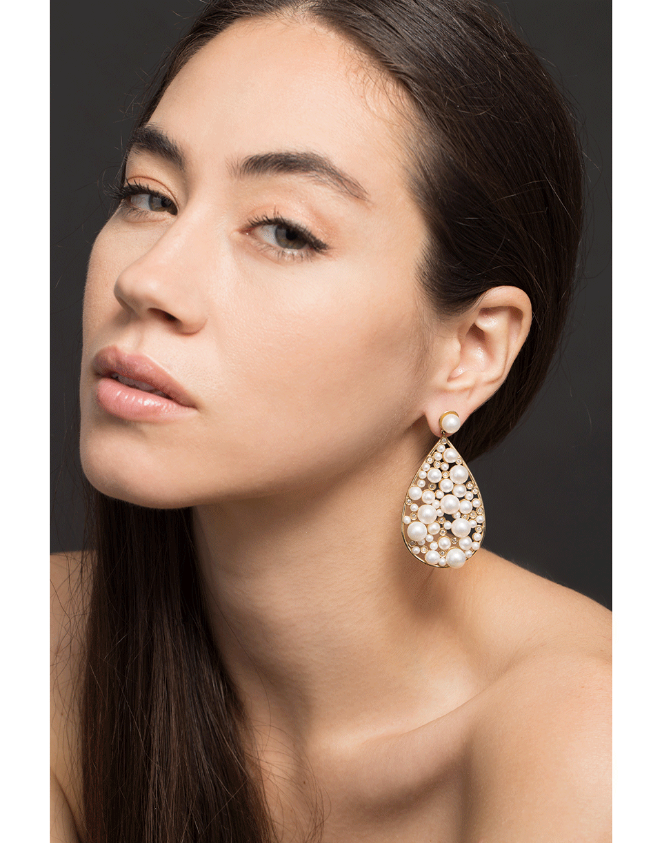 NANCY NEWBERG-Pearl And Diamond Teardrop Earrings-YELLOW GOLD