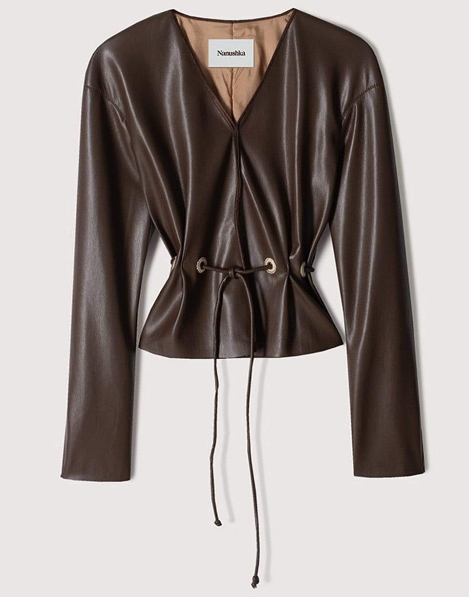 NANUSHKA-Dark Brown Vegan Leather Faroe Jacket-