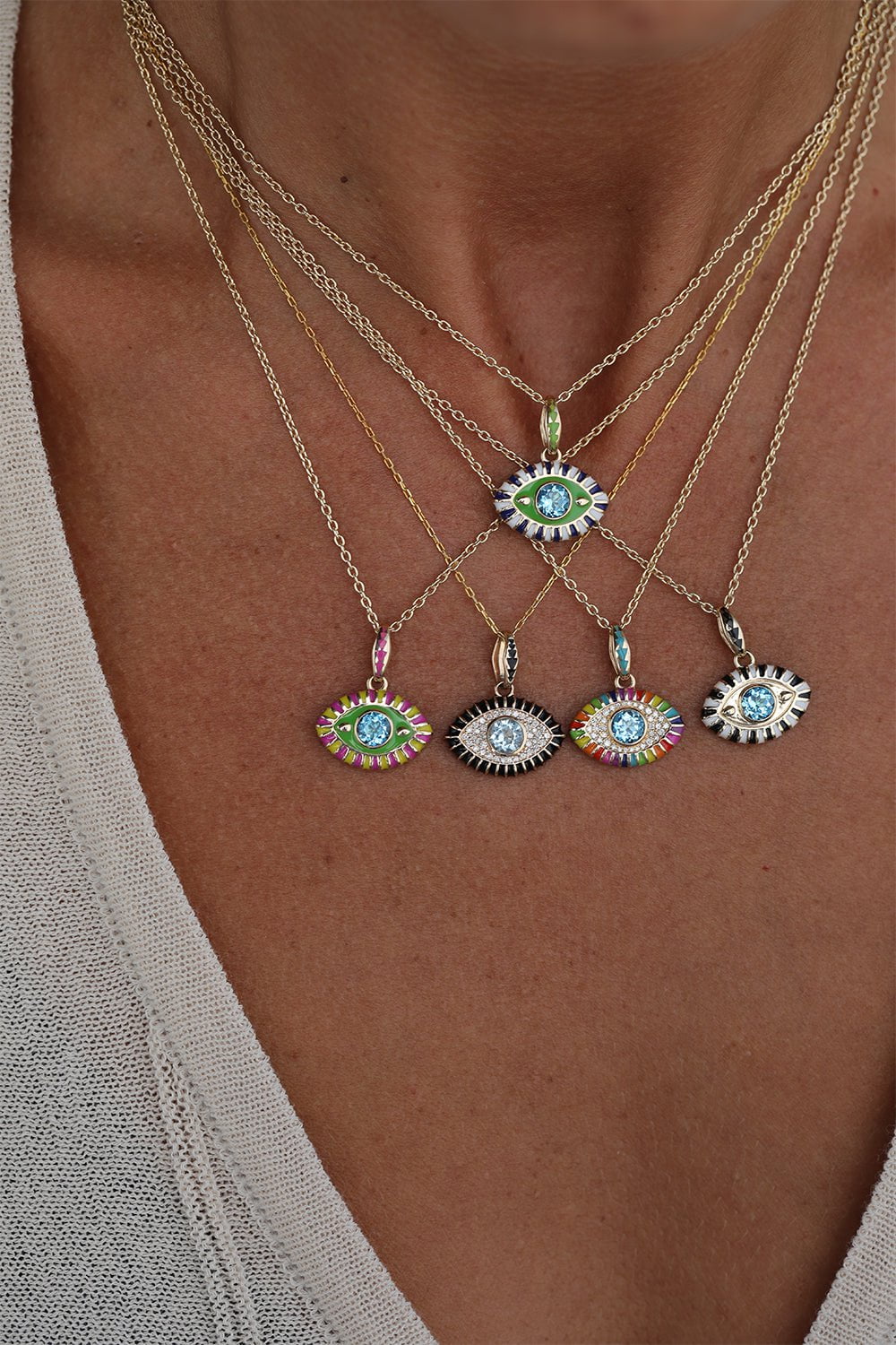 NEVERNOT-Blue Topaz Diamond Life In Colour Rainbow Pendant Necklace-YELLOW GOLD
