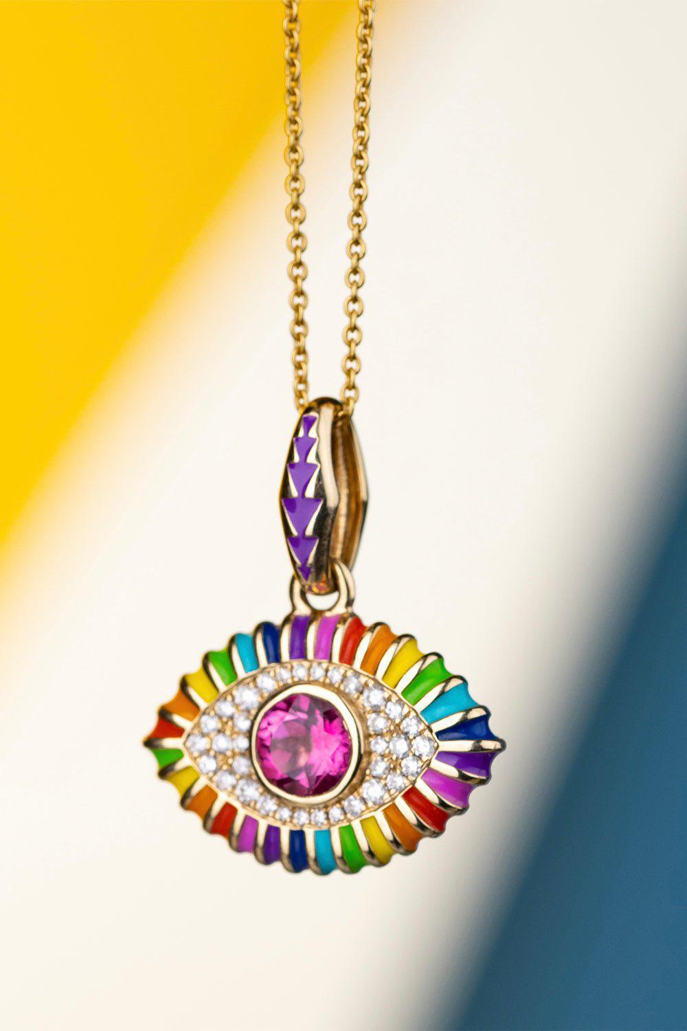 NEVERNOT-Blue Topaz Diamond Life In Colour Rainbow Pendant Necklace-YELLOW GOLD