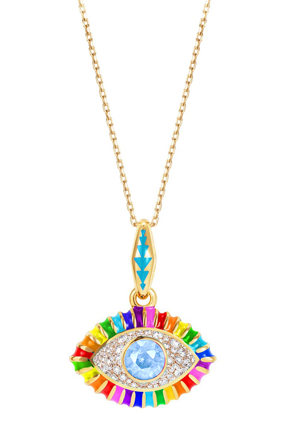 NEVERNOT-Blue Topaz Diamond Life In Colour Rainbow Pendant Necklace-YELLOW GOLD