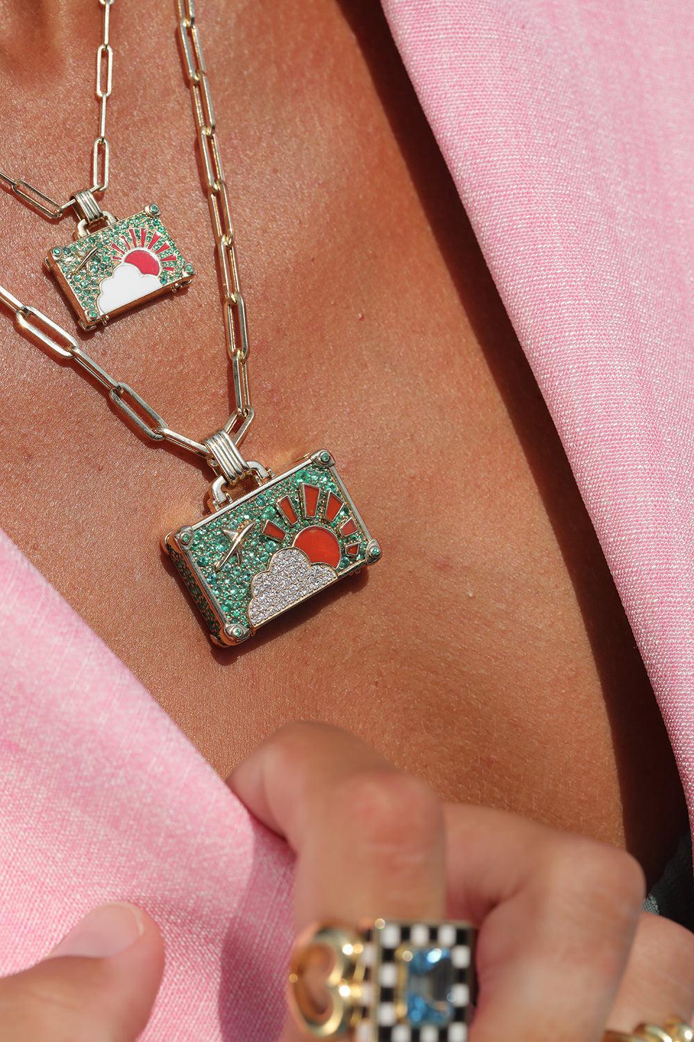 'Emerald Weekend Trip' Suitcase Necklace-YELLOW GOLD-JEWELRYFINE JEWELNECKLACE O-NEVERNOT