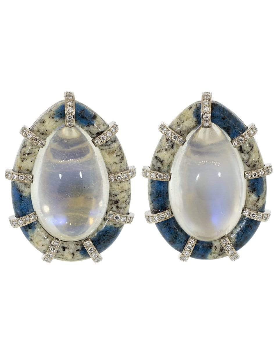 NICHOLAS VARNEY-Pear Shaped Moonstone, Diamond and Garnite Earclips-WHITE GOLD