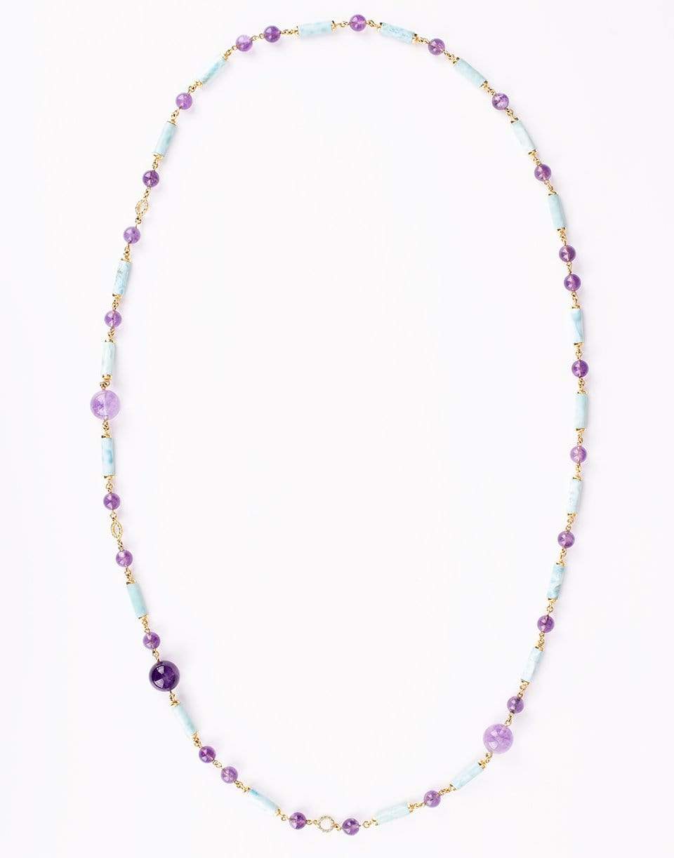 NICHOLAS VARNEY-Amethyst Bead, Larimar, Diamond, and Aquamarine Stick Necklace-YELLOW GOLD