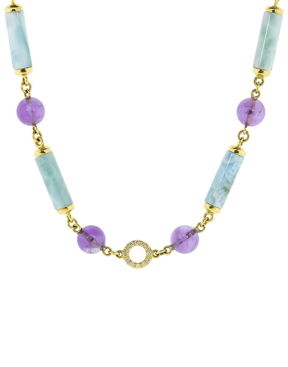 NICHOLAS VARNEY-Amethyst Bead, Larimar, Diamond, and Aquamarine Stick Necklace-YELLOW GOLD