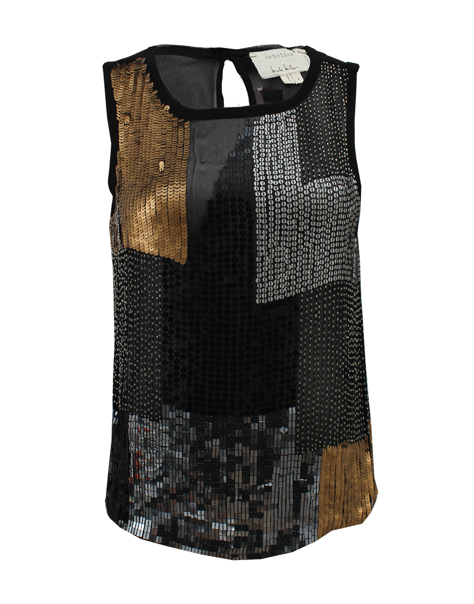NICOLE MILLER-Sheer Back Sequin Colorblock Top-