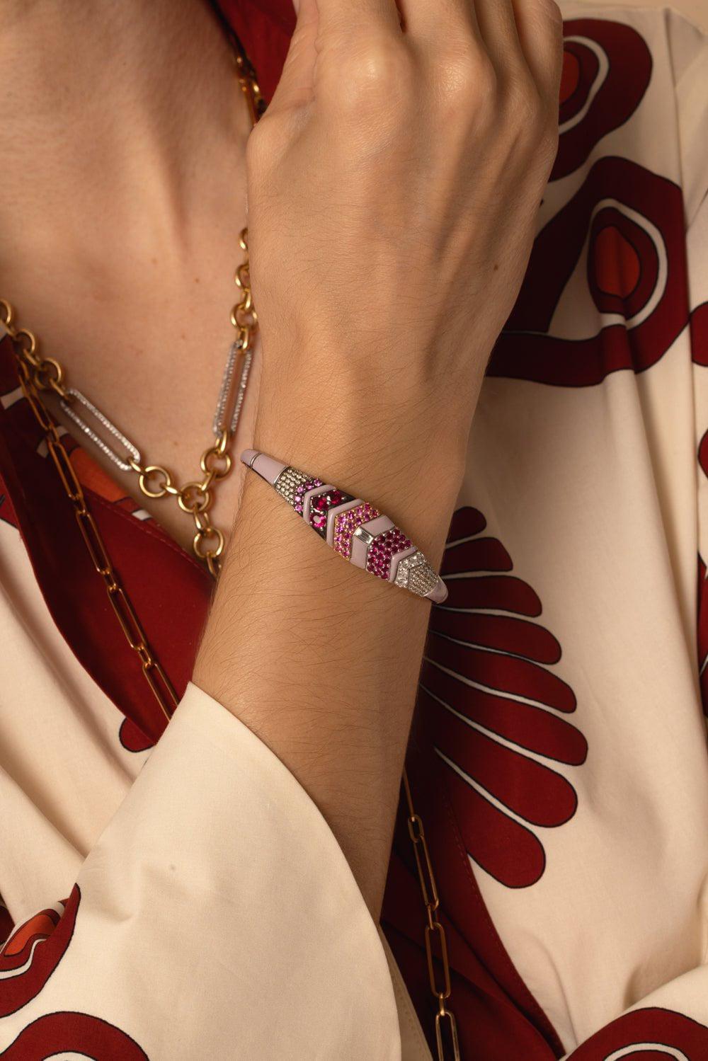 NIKOS KOULIS-Oui Pink Enamel Bracelet-WHITE GOLD
