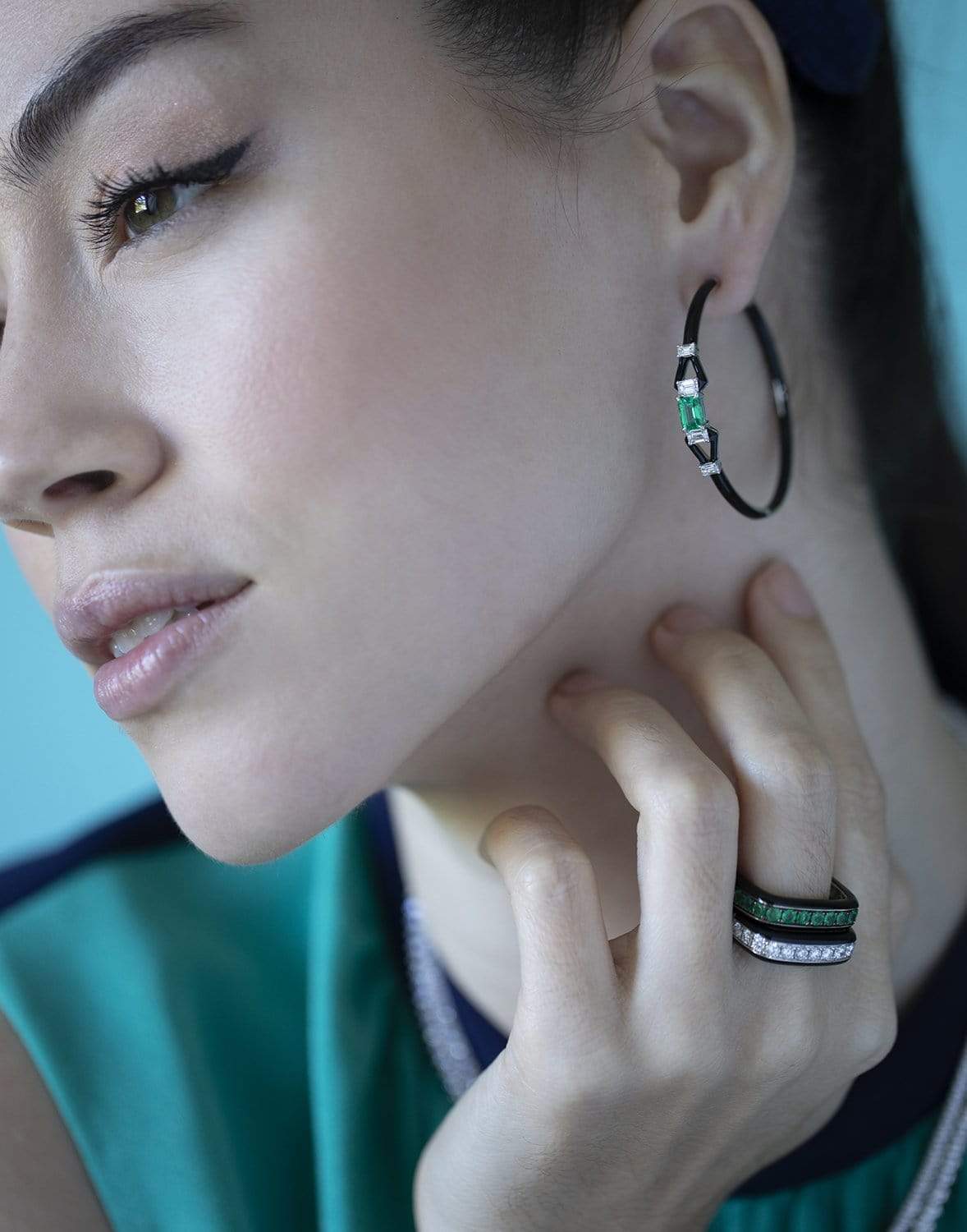 NIKOS KOULIS-Oui Emerald and Black Enamel Hoops-WHITE GOLD