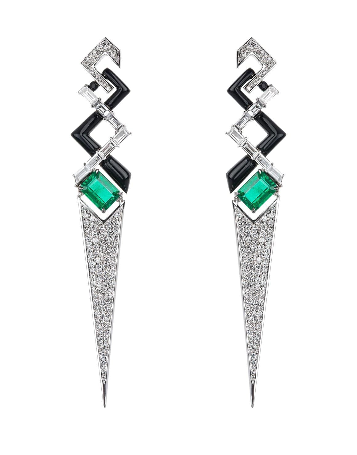 NIKOS KOULIS-V Emerald Diamond and Black Enamel Earrings-WHITE GOLD