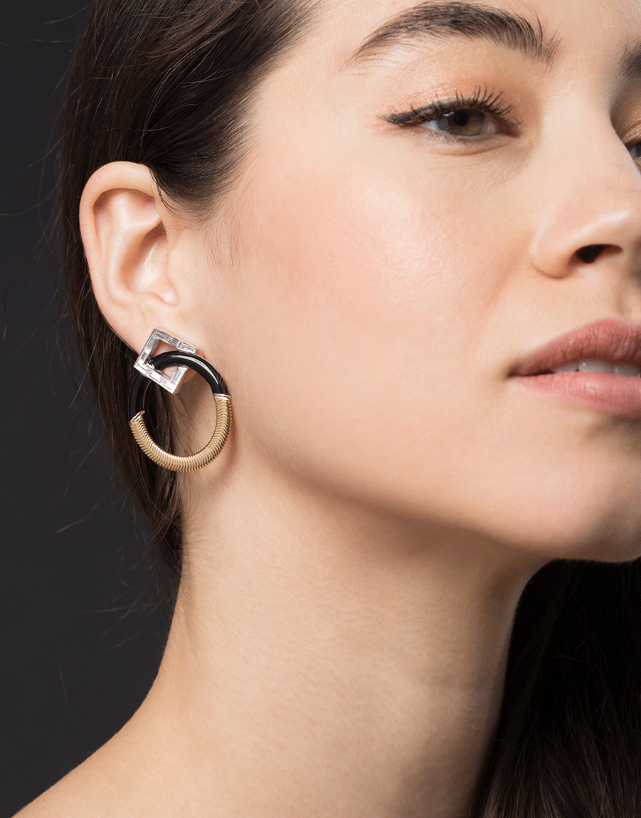 NIKOS KOULIS-Diamond and Black Enamel Hoops-YELLOW GOLD