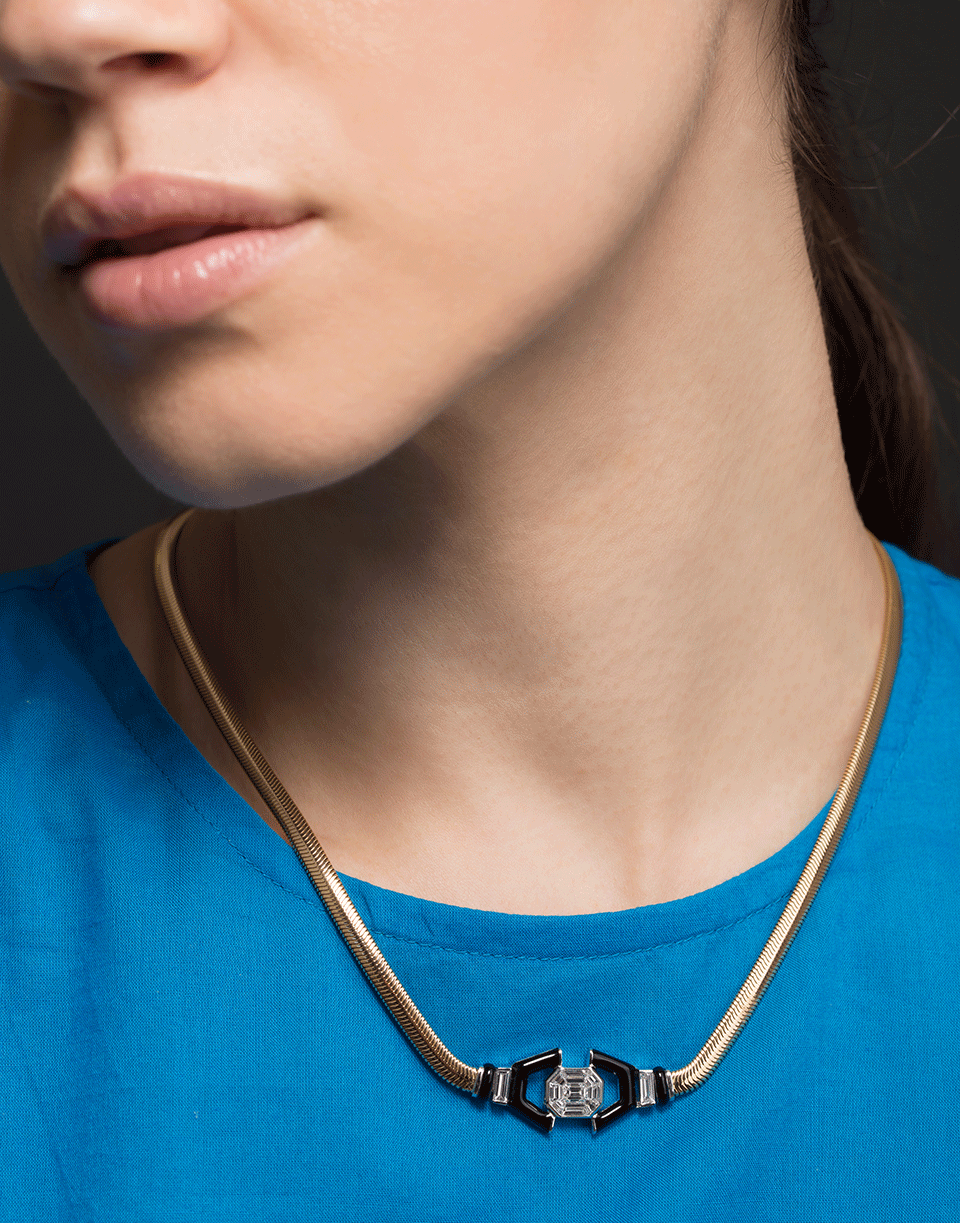 NIKOS KOULIS-Diamond and Black Enamel Necklace-YELLOW GOLD