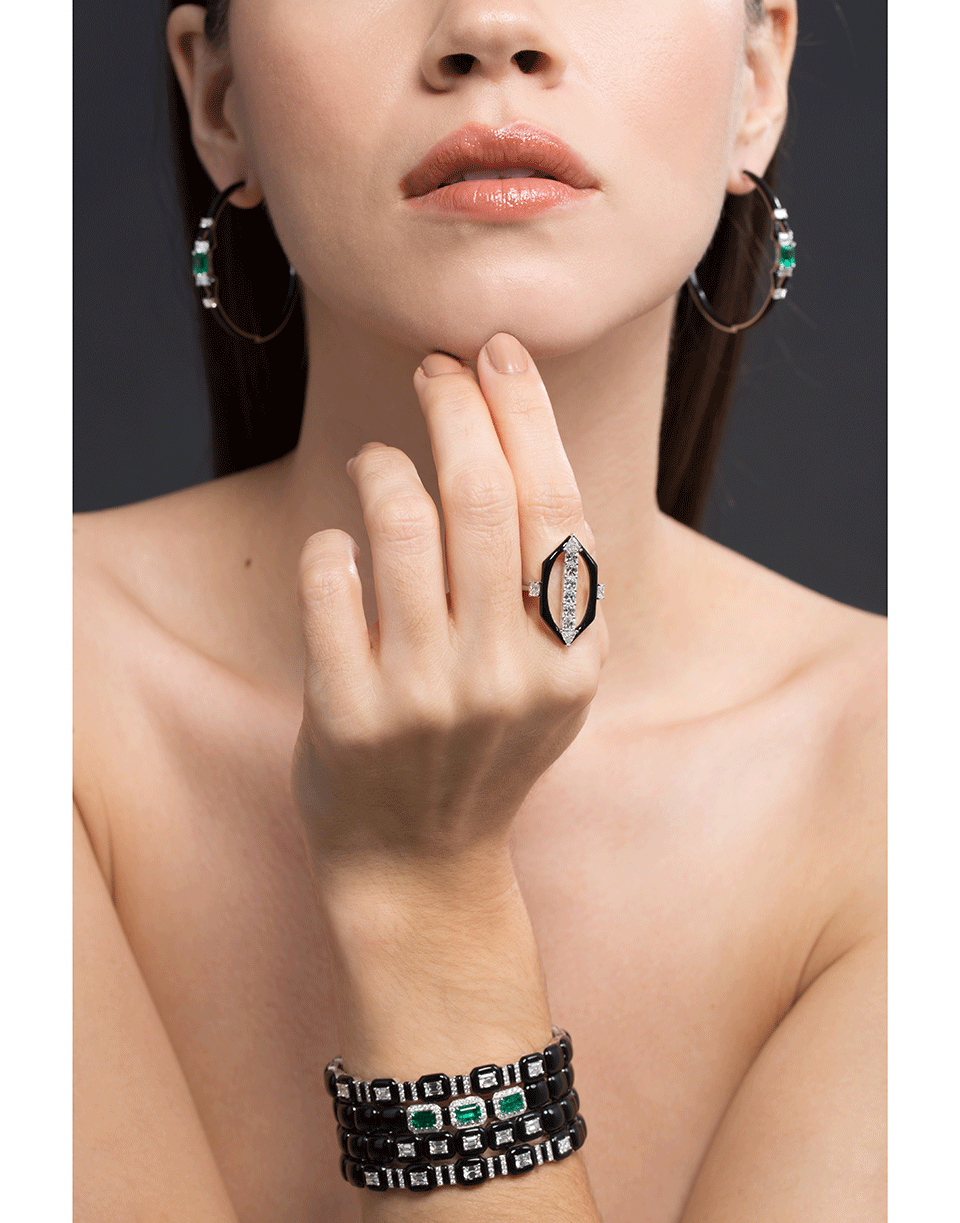 NIKOS KOULIS-Oui Diamond and Black Enamel Riing-WHITE GOLD