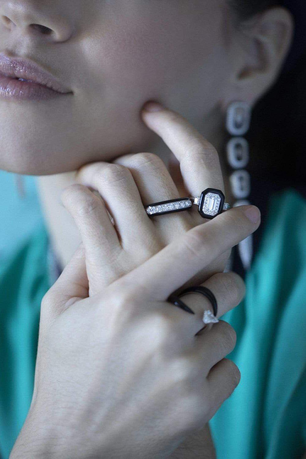 NIKOS KOULIS-Oui Emerald Cut Diamond and Black Enamel Ring-WHITE GOLD