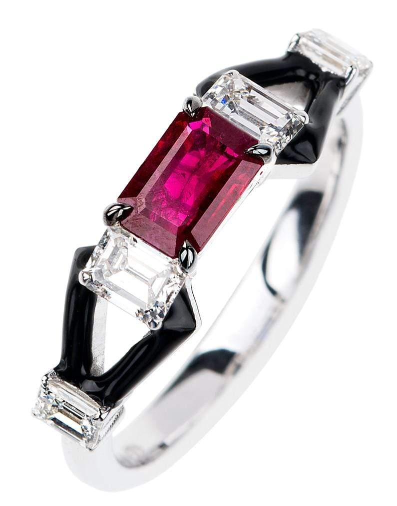 NIKOS KOULIS-Oui Ruby, Emerald Cut and Black Enamel Ring-WHITE GOLD