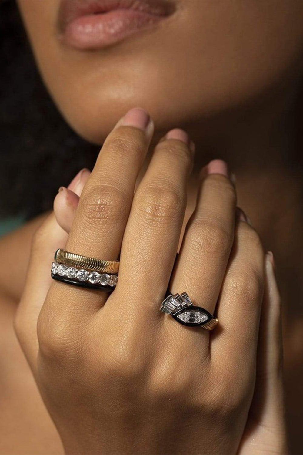 NIKOS KOULIS-Diamond and Black Enamel Feelings Ring-YELLOW GOLD