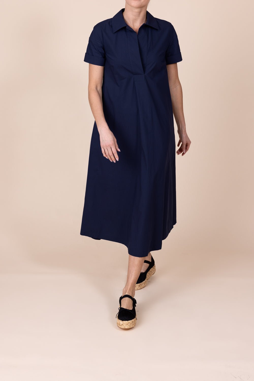 ODEEH-Short Sleeve Shirt Dress - Navy-