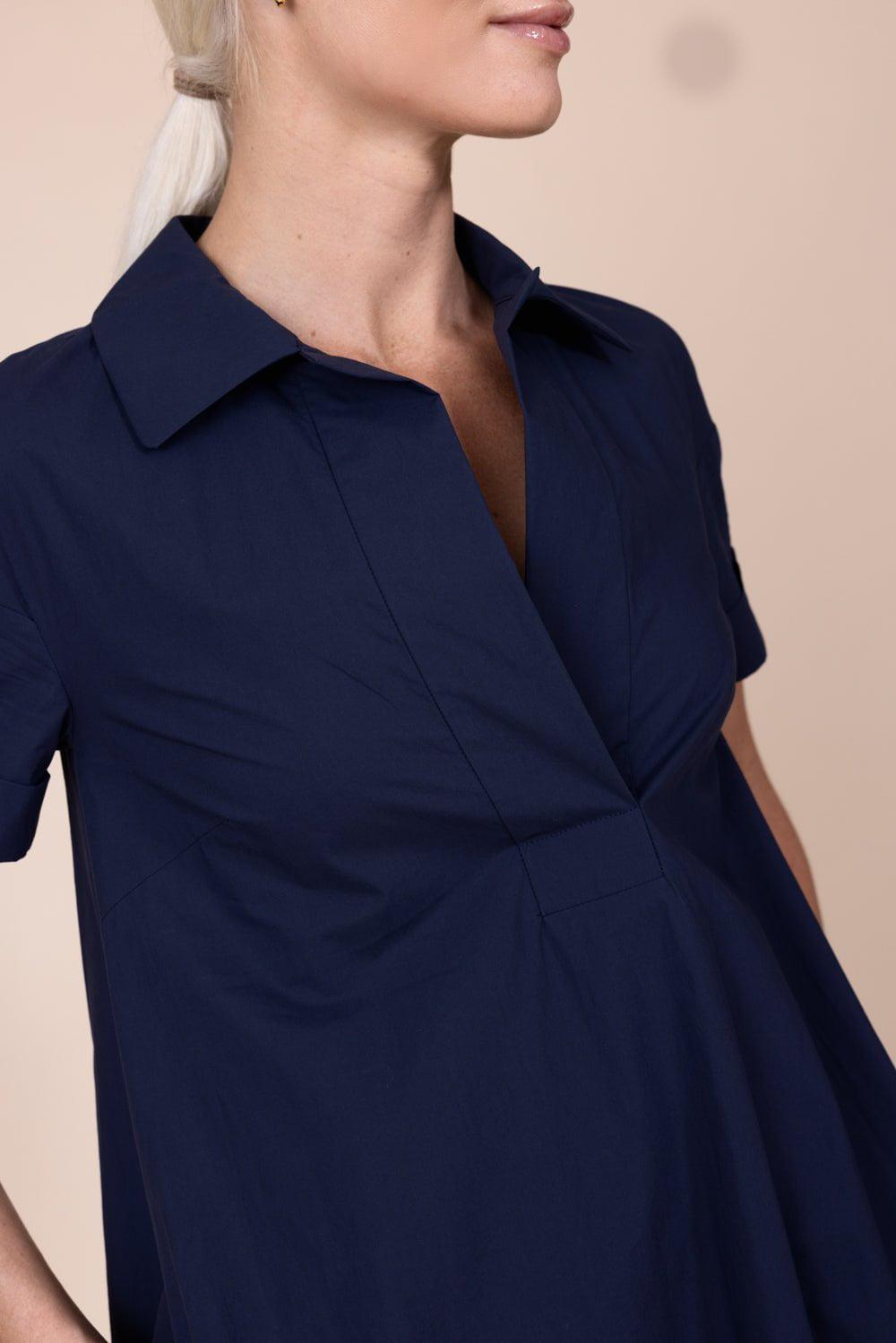 ODEEH-Short Sleeve Shirt Dress - Navy-
