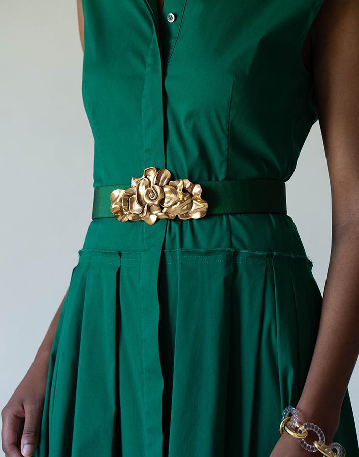 OSCAR DE LA RENTA-Gold Flower Buckle Faille Belt-GREEN