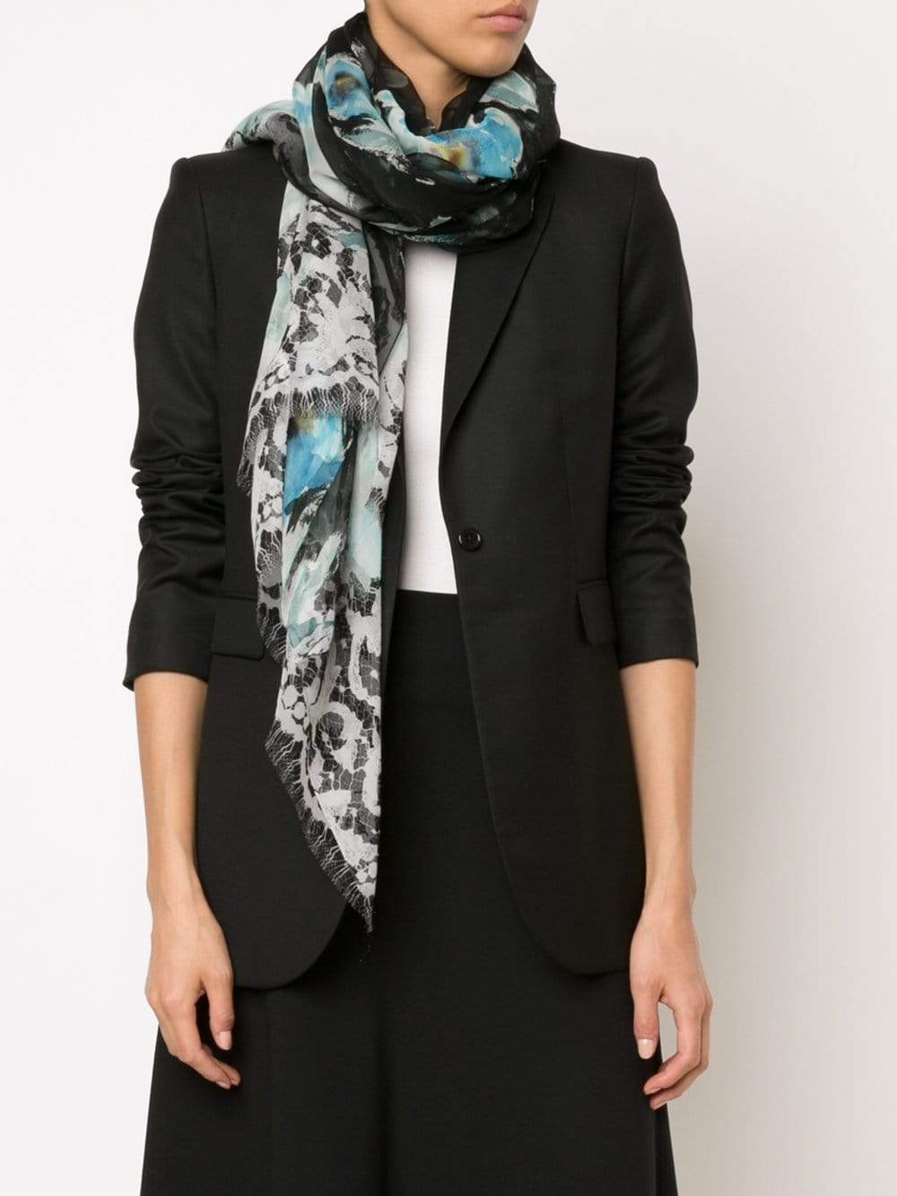 OSCAR DE LA RENTA-Floral And Lace Print Scarf-BLACK