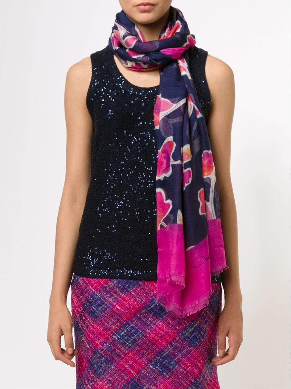 OSCAR DE LA RENTA-Poppies Printed Scarf-NAVY
