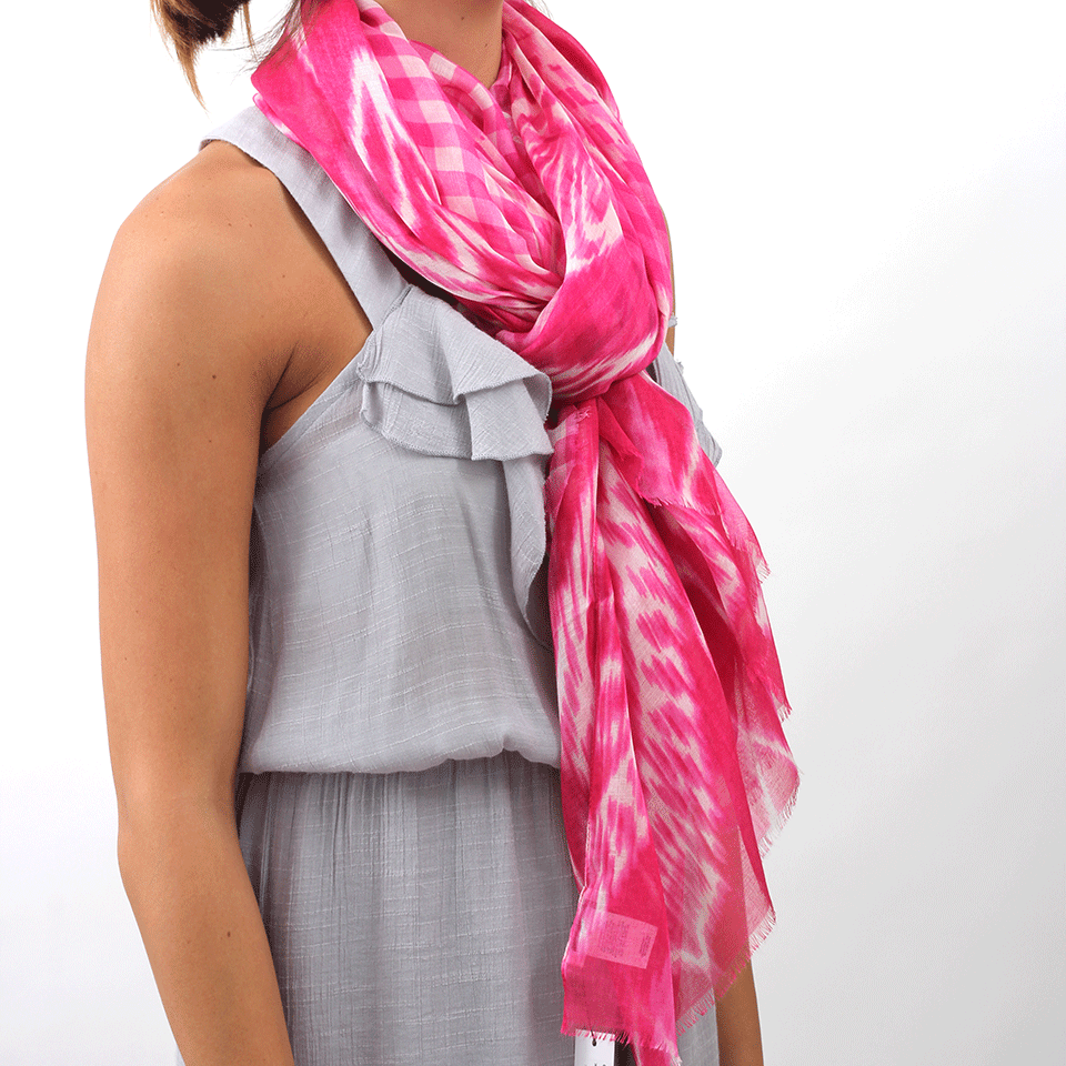 OSCAR DE LA RENTA-Gingham Ikat Print Scarf-PINK