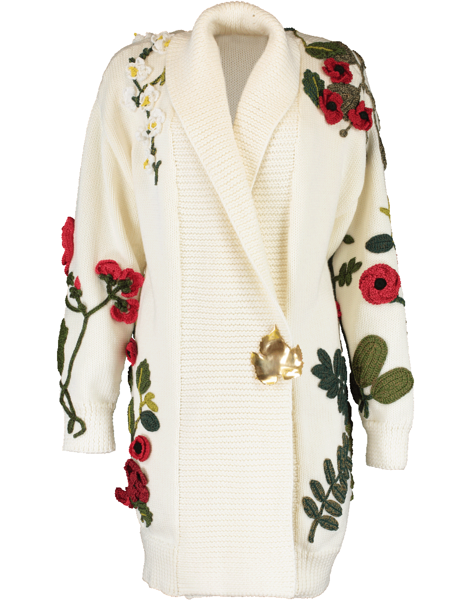 OSCAR DE LA RENTA-Floral Embroidered Knit Coat With Brooch-IVORY