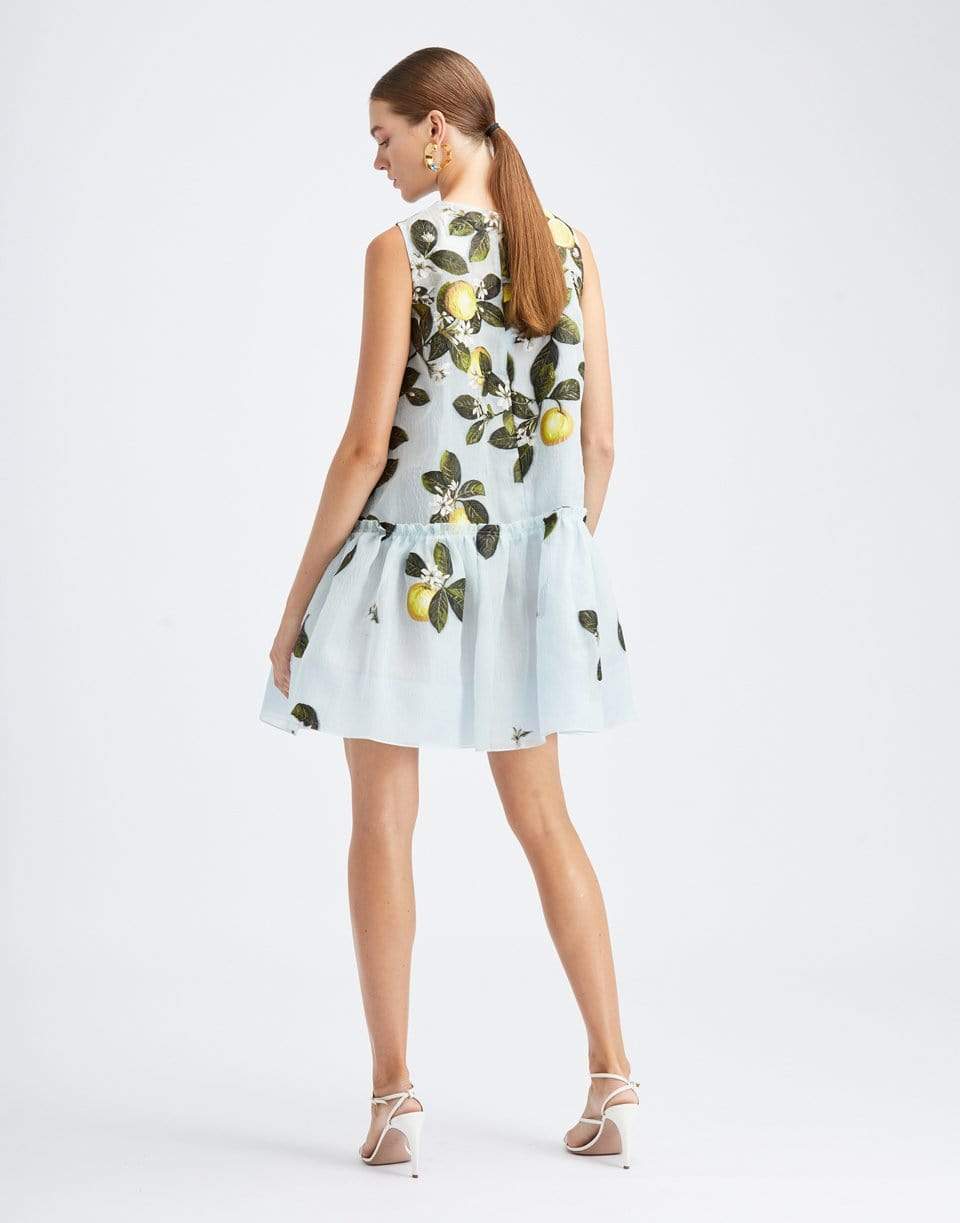 OSCAR DE LA RENTA-Aqua Lemon Print Crewneck Day Dress-AQUA MULTI